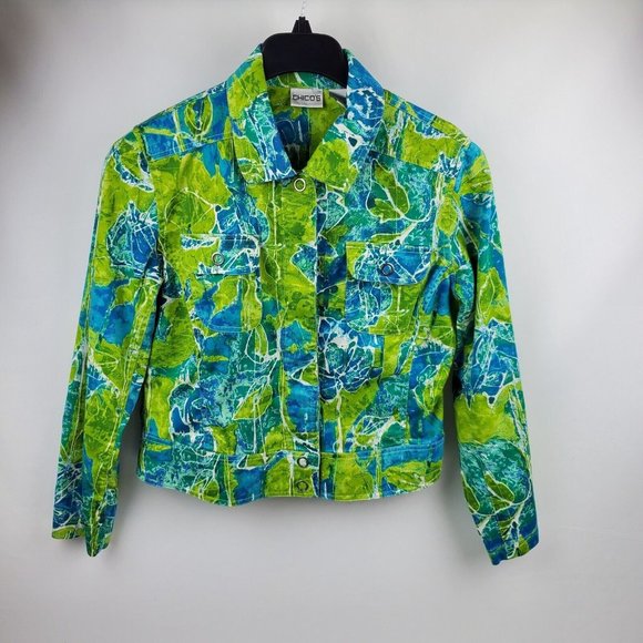 Chico's Jackets & Blazers - Chicos Womens Blazer Collared Long Sleeve Blue Green White Chico 1=Medium Cotton